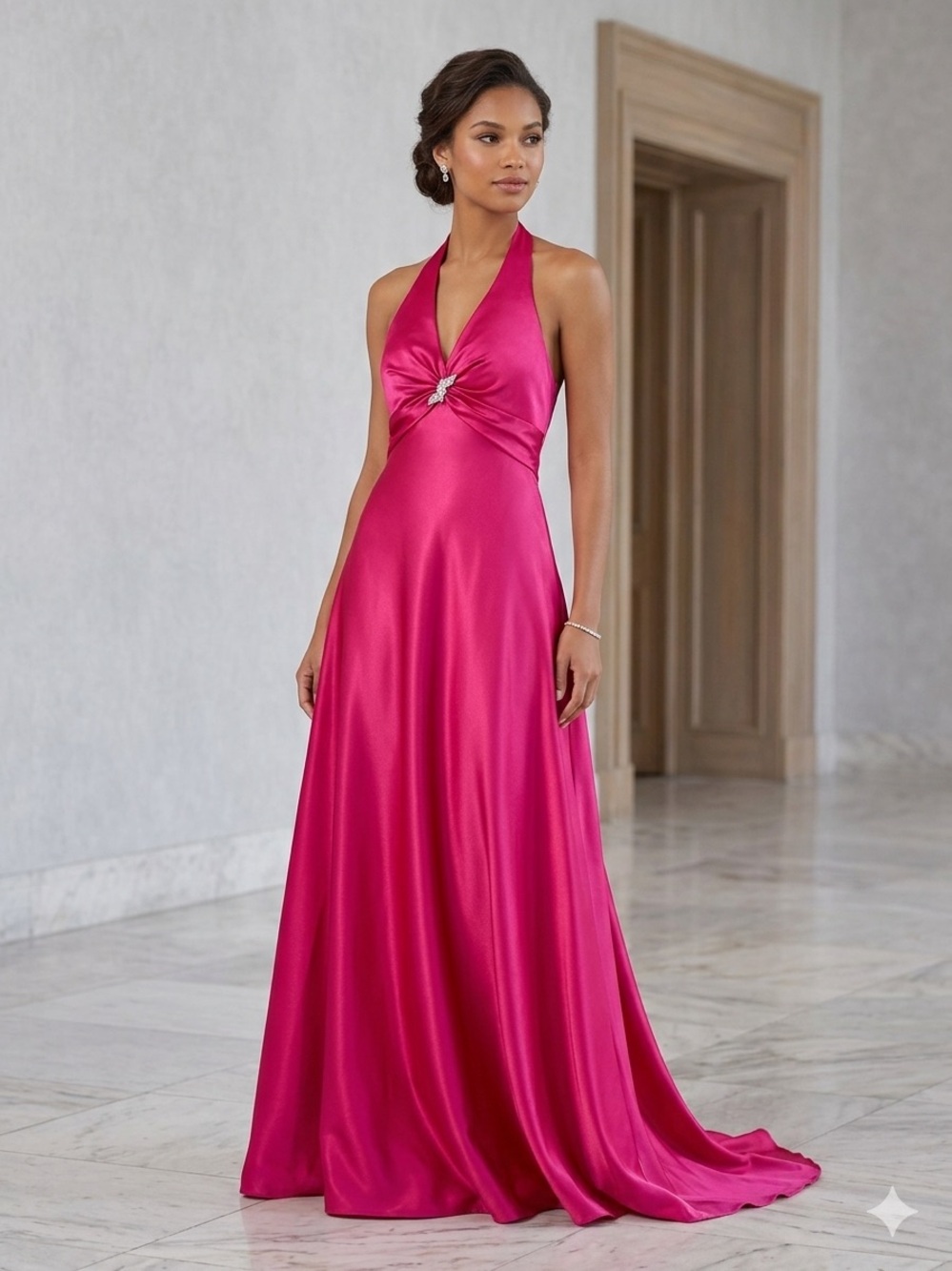 Cache Halter Satin Maxi Gown - Fuchsia